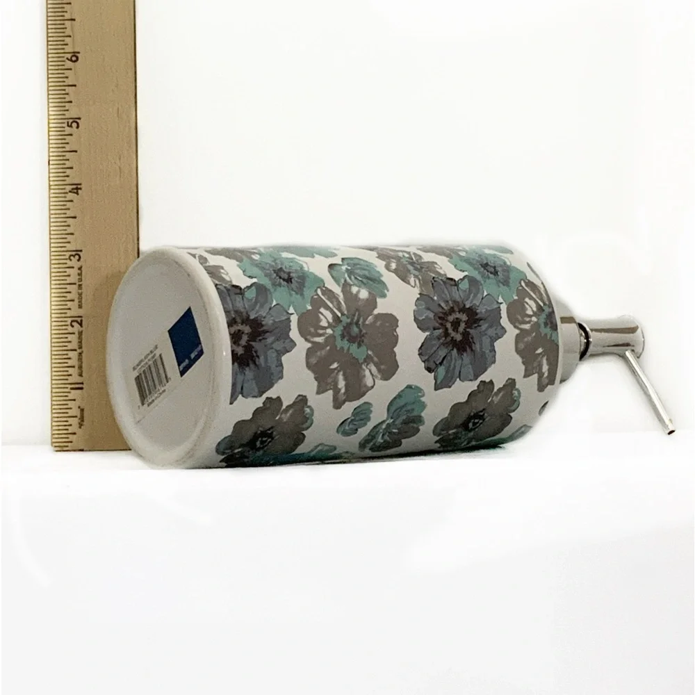 Sunburst Blue Grey Moth Clay Floral Ceramic Soap Lotion Dispenser 16 Oz